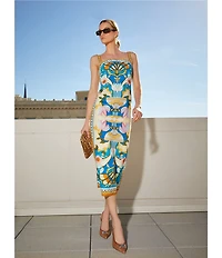 Antonio Melani Lainey Art Deco Print Linen Square Neck Sleeveless Sheath Midi Dress