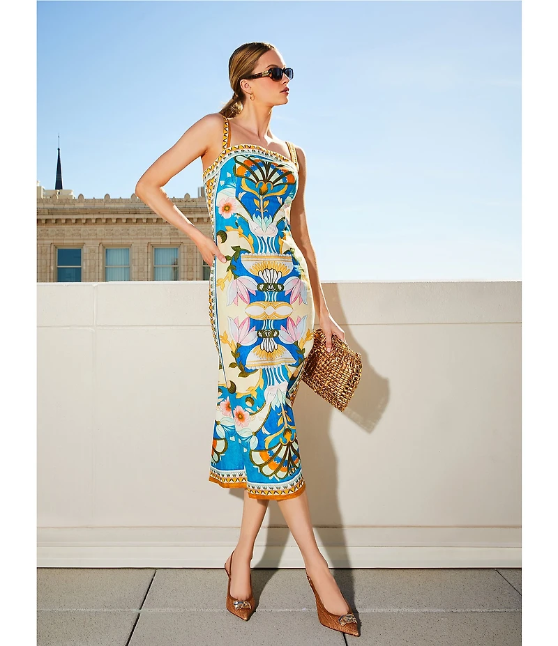 Antonio Melani Lainey Art Deco Print Linen Square Neck Sleeveless Sheath Midi Dress