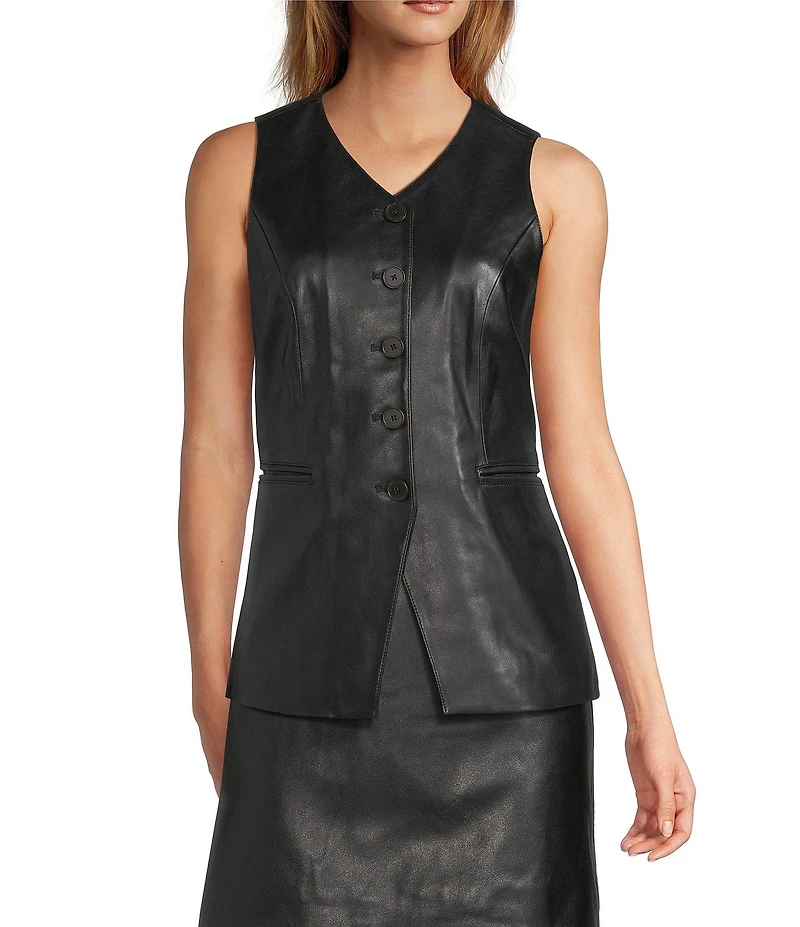 Antonio Melani Lauren Genuine Leather Button Front V-Neck Sleeveless Vest