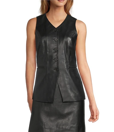 Antonio Melani Lauren Genuine Leather Button Front V-Neck Sleeveless Vest