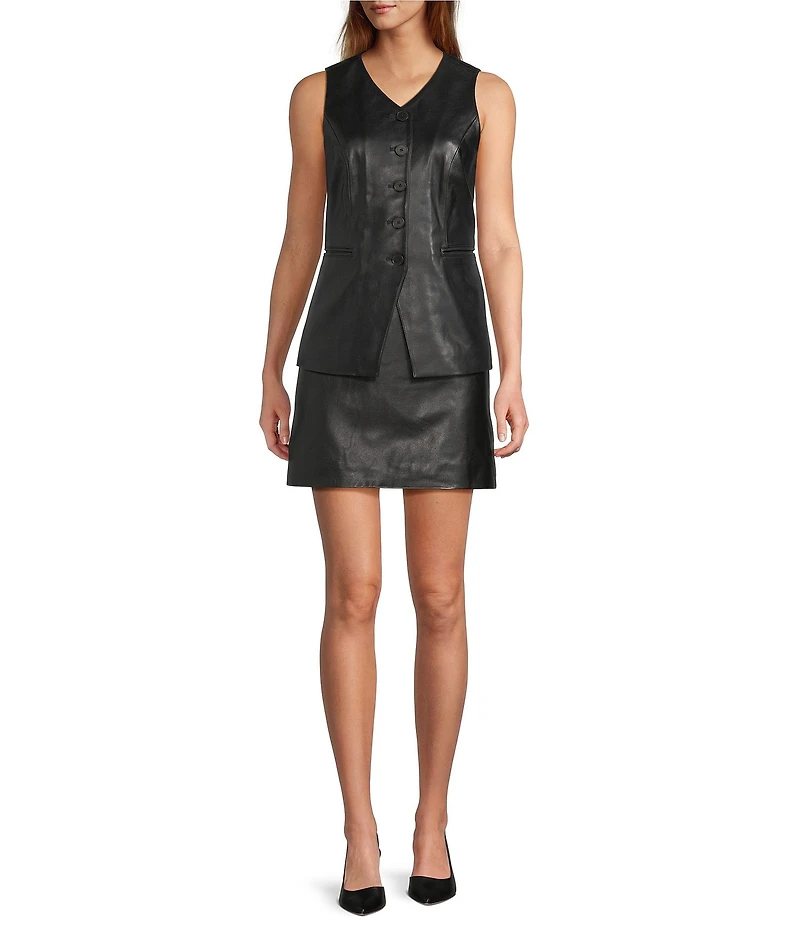 Antonio Melani Lauren Genuine Leather Coordinating Button Front V-Neck Sleeveless Vest