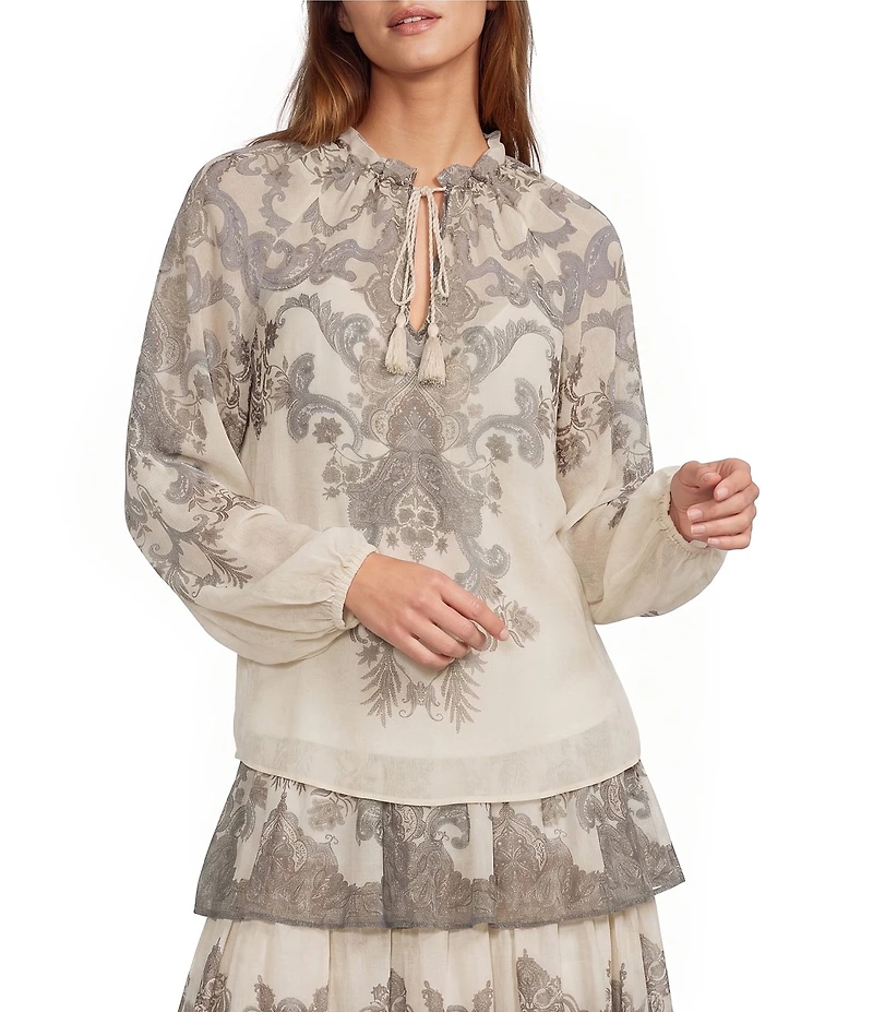 Antonio Melani Lilith Paisley Print Voile Split V Neck Tie Front Long Sleeve Coordinating Blouse