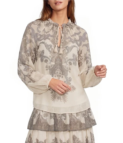 Antonio Melani Lilith Paisley Print Voile Split V Neck Tie Front Long Sleeve Coordinating Blouse