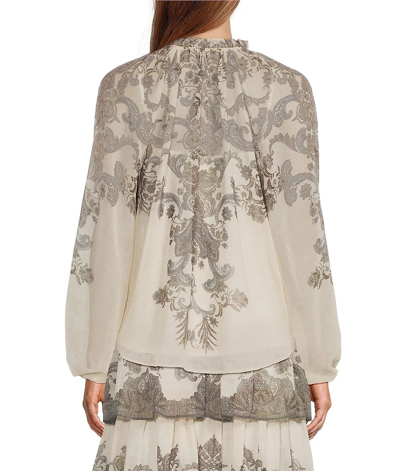 Antonio Melani Lilith Paisley Print Voile Split V Neck Tie Front Long Sleeve Coordinating Blouse