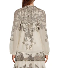 Antonio Melani Lilith Paisley Print Voile Split V Neck Tie Front Long Sleeve Coordinating Blouse
