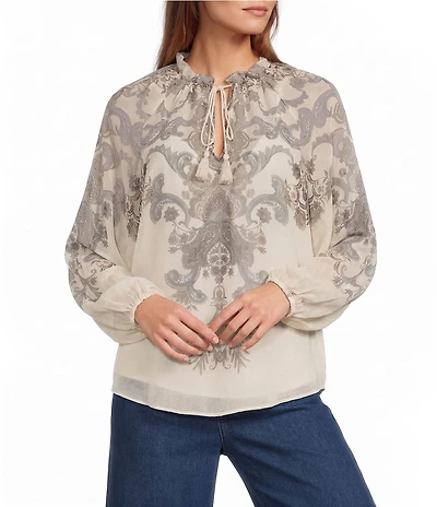 Antonio Melani Lilith Paisley Print Voile Split V-Neck Tie Front Long Sleeve Coordinating Blouse