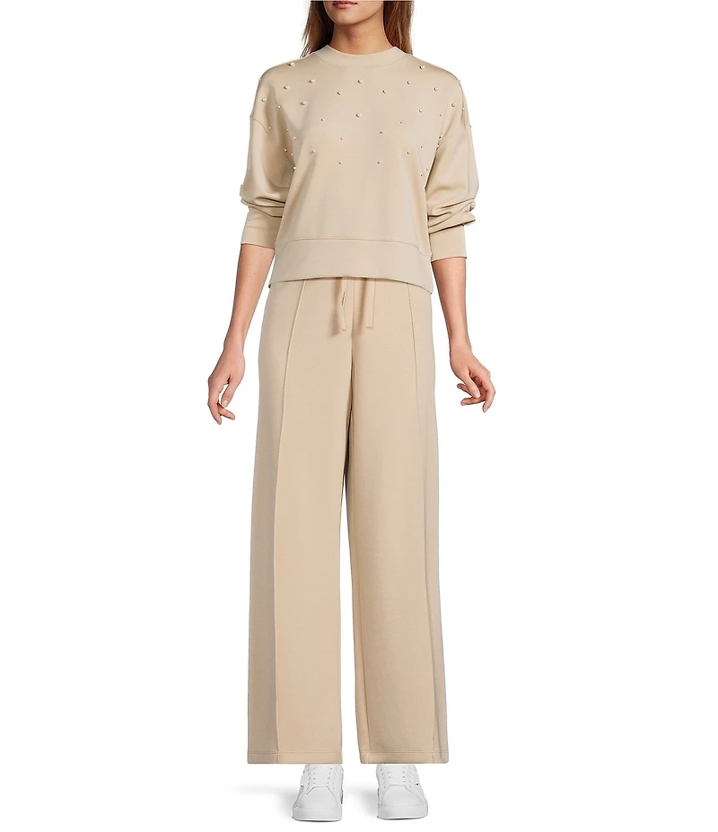 Antonio Melani Long Sleeve Crew Neckline Embellished Pearl Pullover Top