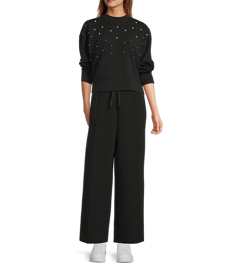 Antonio Melani Long Sleeve Crew Neckline Embellished Pearl Pullover Top