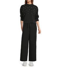 Antonio Melani Long Sleeve Crew Neckline Embellished Pearl Pullover Top