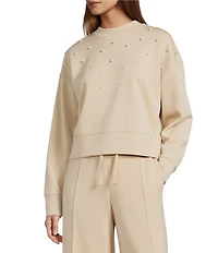 Antonio Melani Long Sleeve Crew Neckline Embellished Pearl Pullover Top