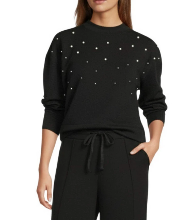 Antonio Melani Coordinating Long Sleeve Crew Neckline Embellished Pearl Pullover Top