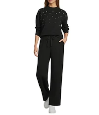 Antonio Melani Coordinating Long Sleeve Crew Neckline Embellished Pearl Pullover Top