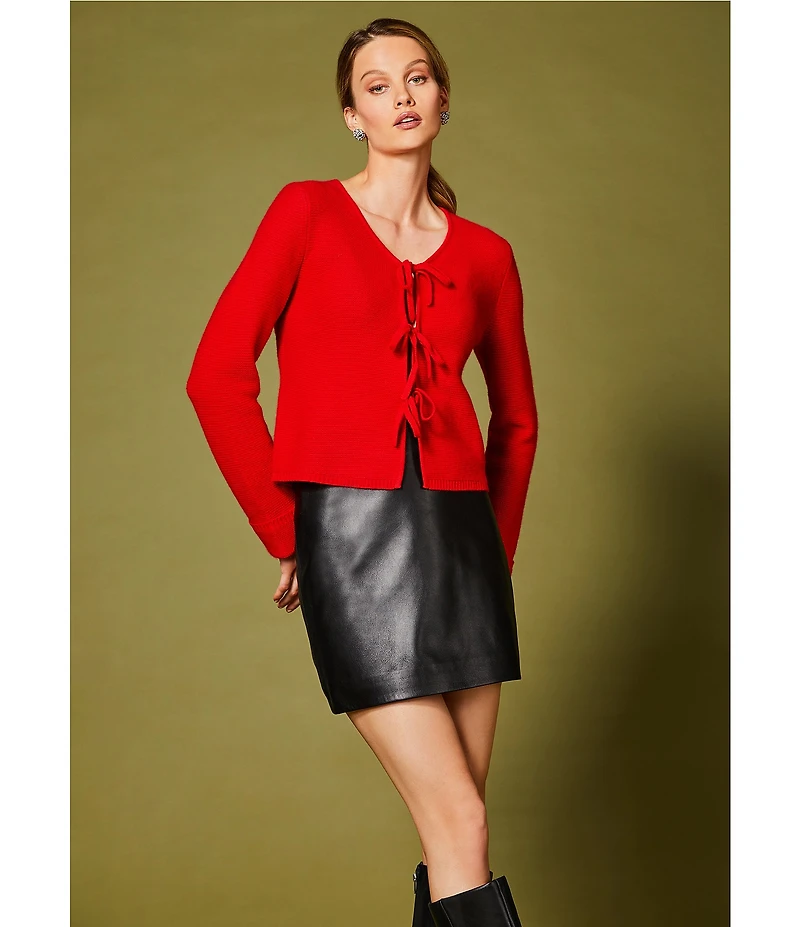 Antonio Melani Lydia V-Neck Long Cuff Sleeve Tie Front Bow Cashmere Sweater