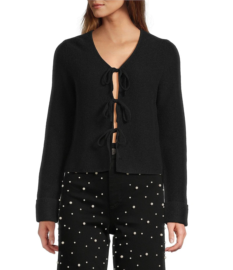 Antonio Melani Lydia V-Neck Long Cuff Sleeve Tie Front Bow Cashmere Sweater