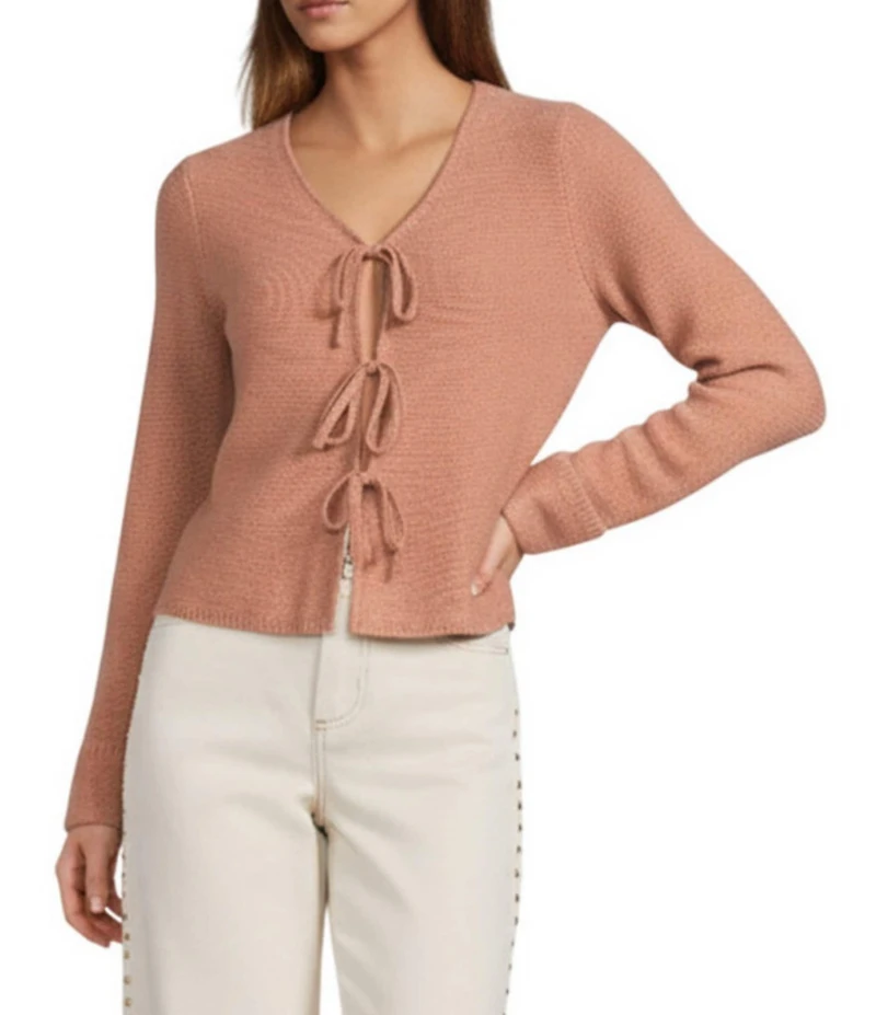 Antonio Melani Lydia V-Neck Long Cuff Sleeve Tie Front Bow Cashmere Sweater