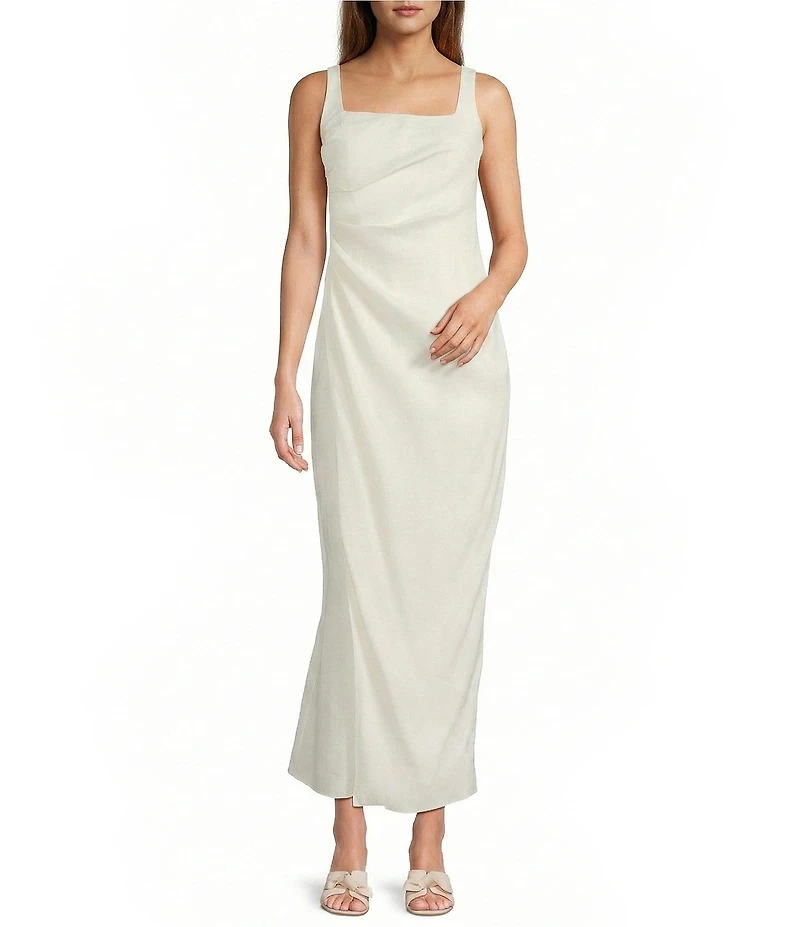 Antonio Melani Madison Linen Square Neck Sleeveless Ruched Waist Faux Wrap Sheath Maxi Dress