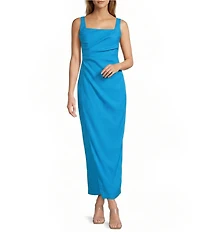 Antonio Melani Madison Linen Square Neck Sleeveless Ruched Waist Faux Wrap Sheath Maxi Dress