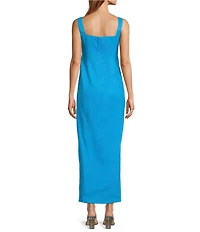 Antonio Melani Madison Linen Square Neck Sleeveless Ruched Waist Faux Wrap Sheath Maxi Dress