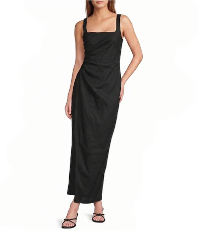 Antonio Melani Madison Linen Square Neck Sleeveless Ruched Waist Faux Wrap Sheath Maxi Dress
