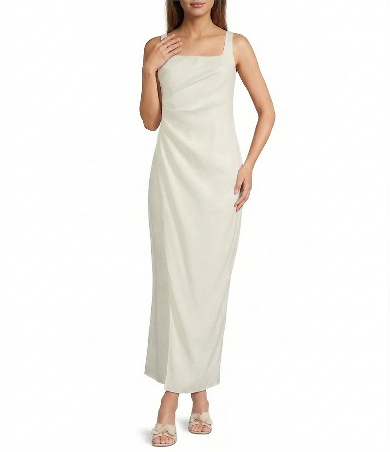Antonio Melani Madison Linen Square Neck Sleeveless Ruched Waist Faux Wrap Sheath Maxi Dress
