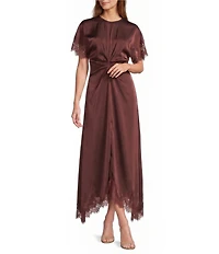 Antonio Melani Mariana Satin Round Neck Short Sleeve Lace Trim Dress
