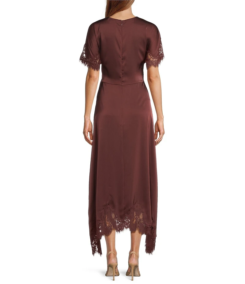 Antonio Melani Mariana Satin Round Neck Short Sleeve Lace Trim Dress