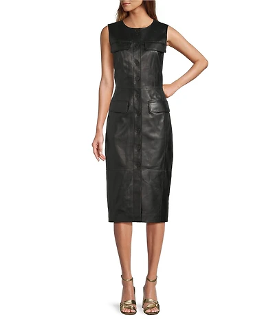 Antonio Melani Melanie Genuine Leather Sleeveless Button Front Sheath Midi Dress