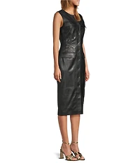 Antonio Melani Melanie Genuine Leather Sleeveless Button Front Sheath Midi Dress