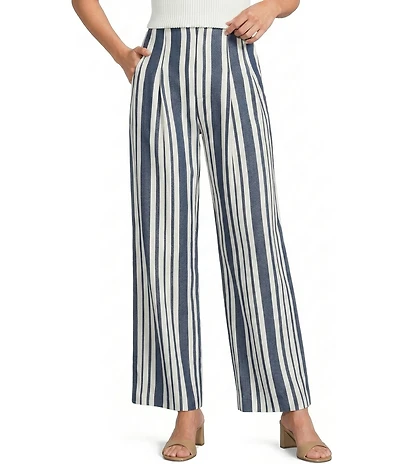 Antonio Melani Melinda Linen Stripe High Rise Flat Front Pleated Wide Leg Coordinating Pants