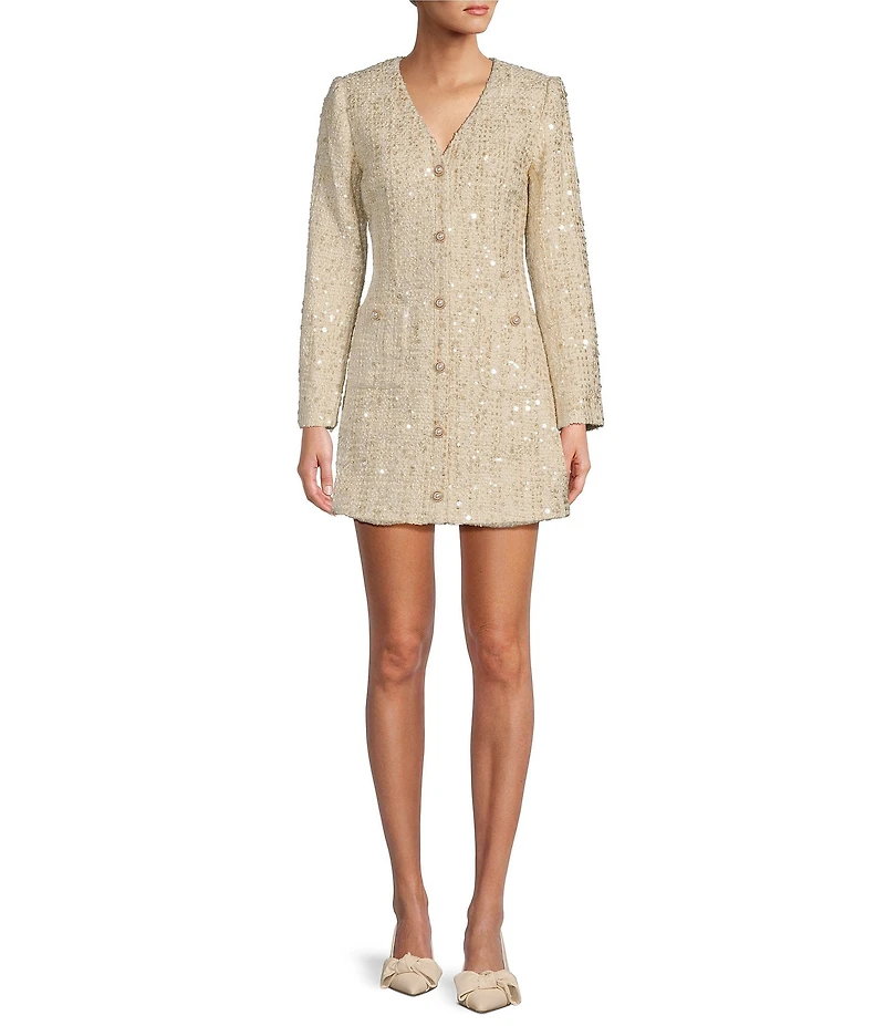 Antonio Melani Nikki Tweed V-Neck Long Sleeve Mini A-Line Dress