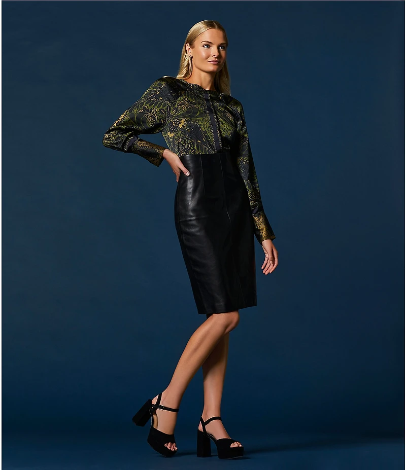 Antonio Melani Noah Motif Print Satin Banded Neck Raglan Long Sleeve Button Front Coordinating Blouse