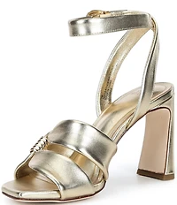 Antonio Melani Noble Metallic Leather Ornamented Ankle Strap Dress Sandals