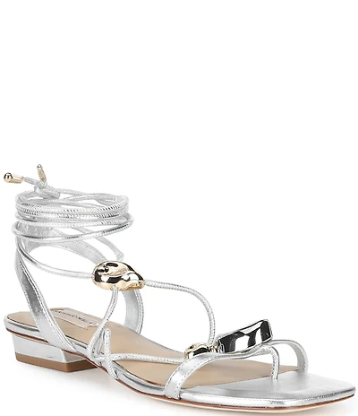 Antonio Melani Nova Metallic Leather Ornamented Strappy Flat Sandals