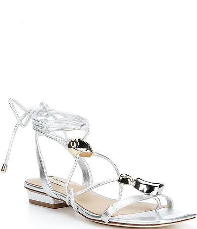 Antonio Melani Nova Metallic Leather Ornamented Strappy Flat Sandals