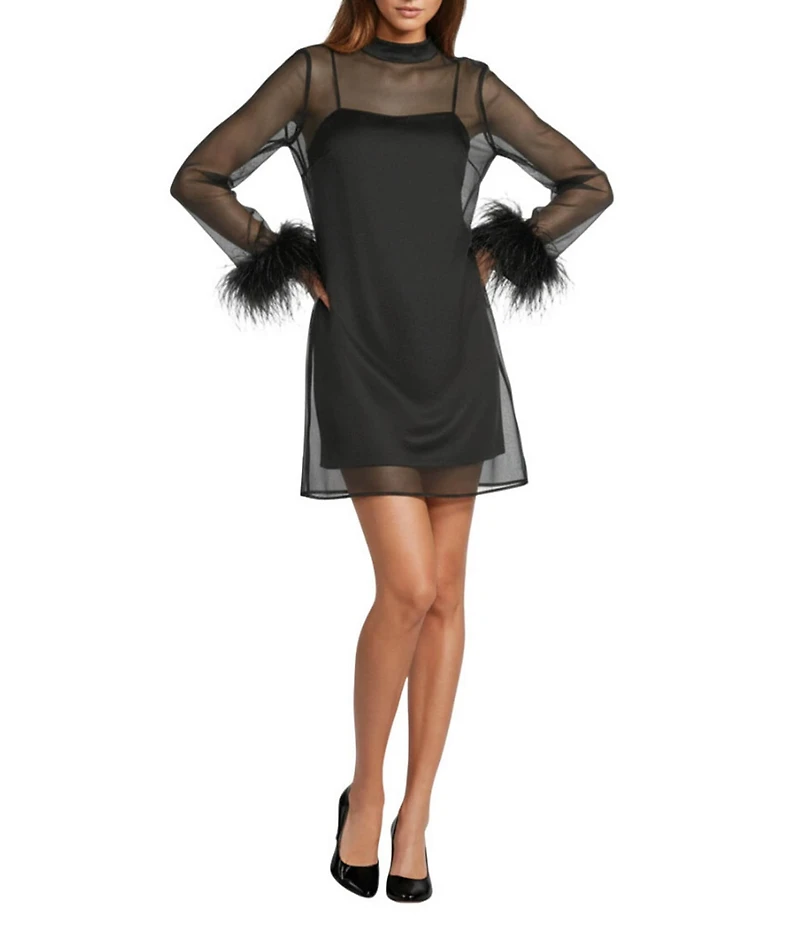 Antonio Melani Olive Long Sleeve Feather Trim Mock Neckline Organza Dress