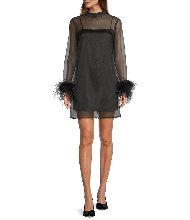 Antonio Melani Olive Long Sleeve Feather Trim Mock Neckline Organza Dress