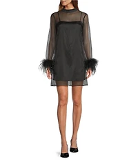 Antonio Melani Olive Long Sleeve Feather Trim Mock Neckline Organza Dress