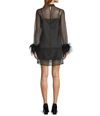 Antonio Melani Olive Long Sleeve Feather Trim Mock Neckline Organza Dress