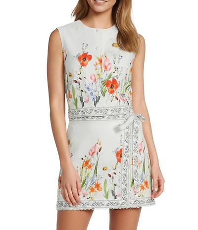 Antonio Melani Ophelia Coordinating Linen Blend Floral Print Crew Neck Sleeveless Button Front Vest