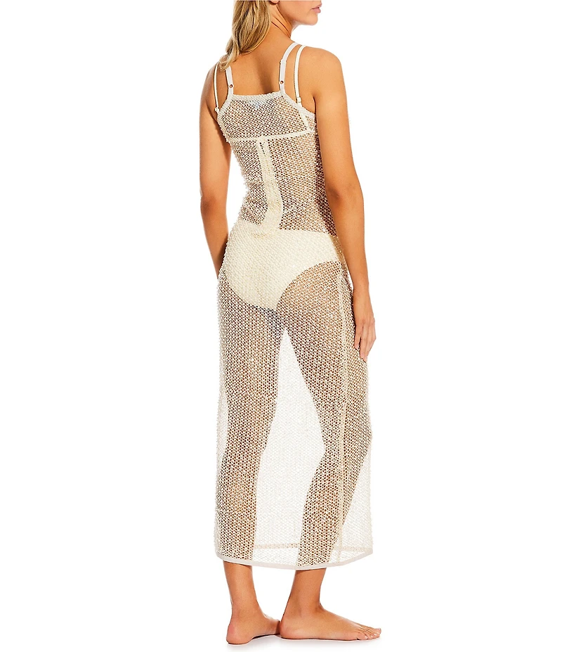 Antonio Melani Pearl Beaded Sheer Crochet Maxi Dress Cover-Up