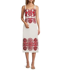 Antonio Melani Penelope Linen Blend Scroll Print Sweetheart Neck Sleeveless Midi Dress