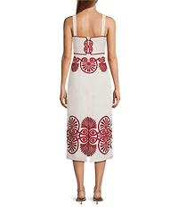 Antonio Melani Penelope Linen Blend Scroll Print Sweetheart Neck Sleeveless Midi Dress