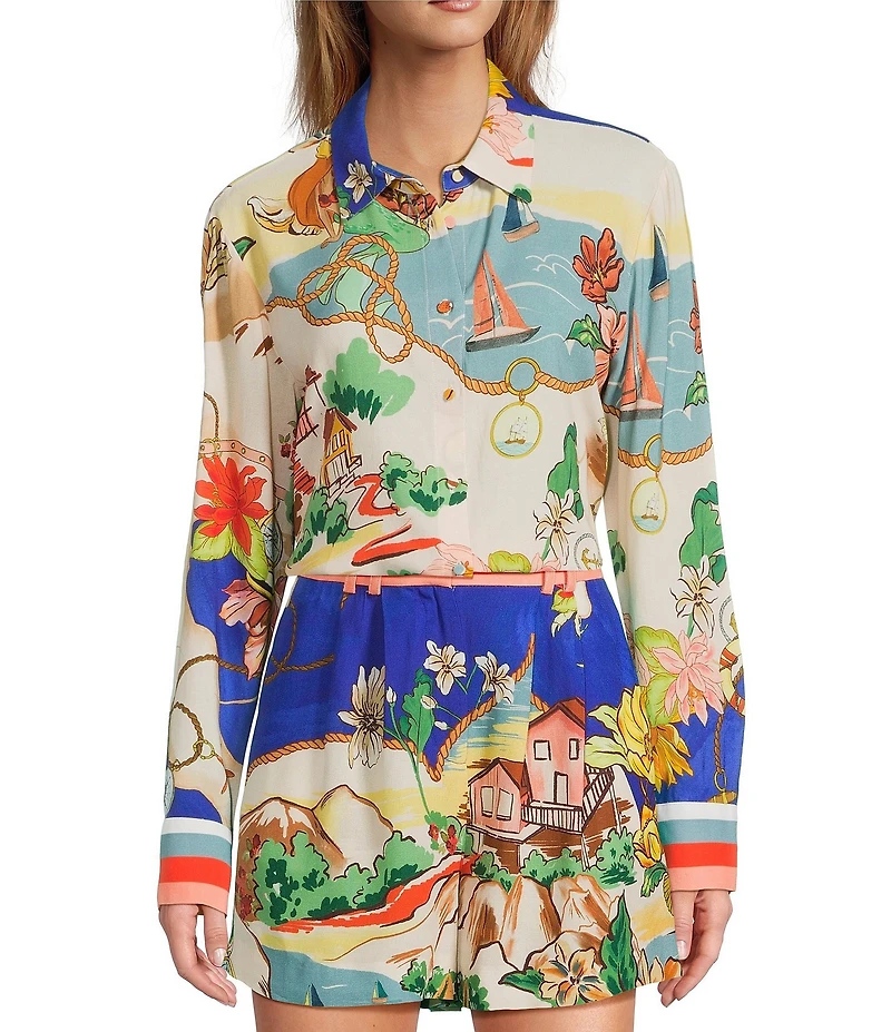 Antonio Melani Polina Linen Blend Ocean Print Button Front Collar Long Sleeve Coordinating Blouse
