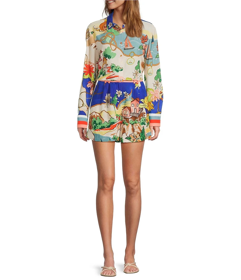Antonio Melani Polina Linen Blend Ocean Print Button Front Collar Long Sleeve Coordinating Blouse