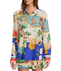 Antonio Melani Polina Linen Blend Ocean Print Button Front Collar Long Sleeve Coordinating Blouse