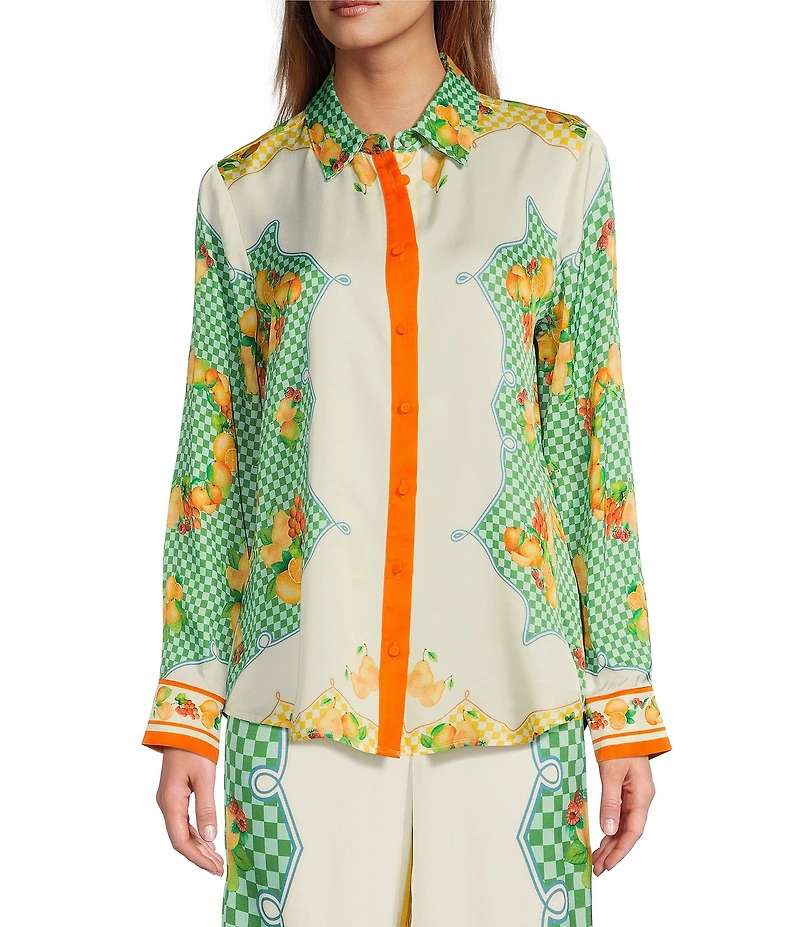 Antonio Melani Polina Fruit Printed Coordinating Satin Collar Neck Long Sleeve Blouse