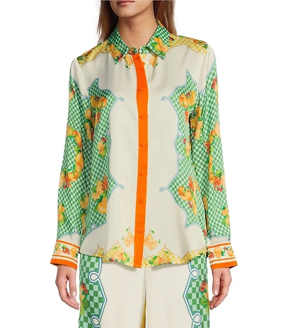 Antonio Melani Polina Fruit Printed Coordinating Satin Collar Neck Long Sleeve Blouse