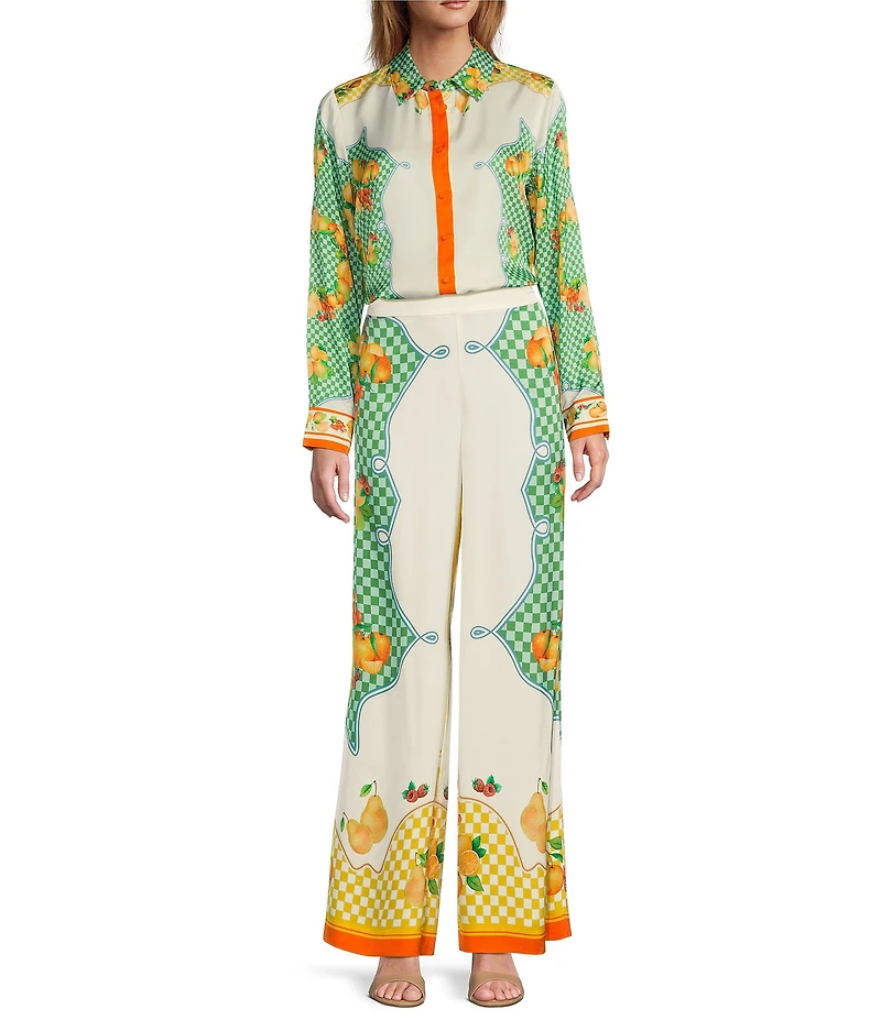 Antonio Melani Polina Fruit Printed Coordinating Satin Collar Neck Long Sleeve Blouse