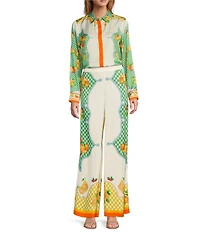 Antonio Melani Polina Fruit Printed Coordinating Satin Collar Neck Long Sleeve Blouse