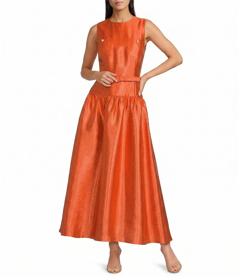 Antonio Melani Presley Dupioni Jewel Neck Strapless Belted Drop Waist A-Line Flounce Maxi Dress